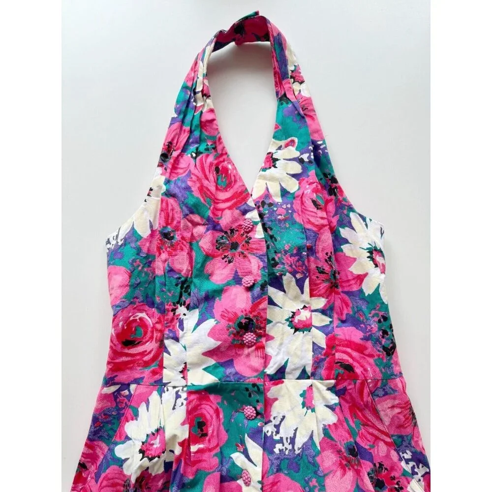 Vintage 80's CANNES Pink Floral Cotton Canvas Halter Midi Circle Dress, Size 14 - Picture 6 of 15